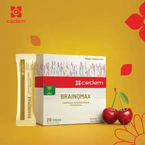 Odins Pharmacy Brainimax box with cherries on yellow background.